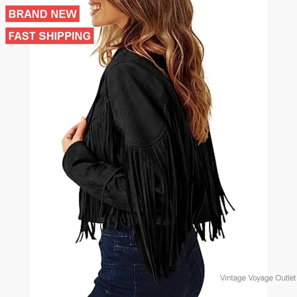 Faux Suede Cropped Motorcycle Jacket with Fringe Tassel Design - Picture 5 of 7